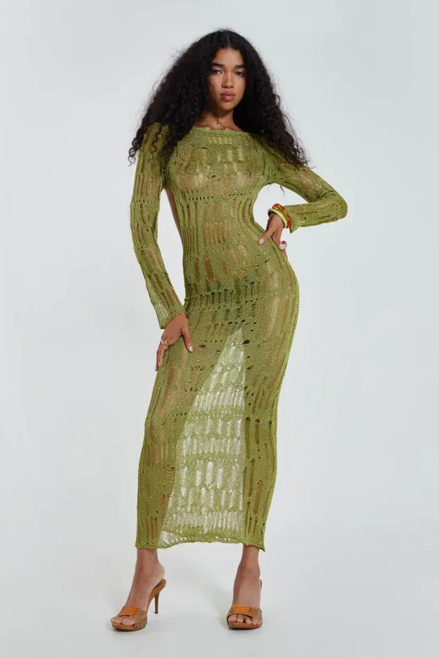 Jaded London Maxi Dresses Women Moss Green Metallic Umbra Maxi Dress Green