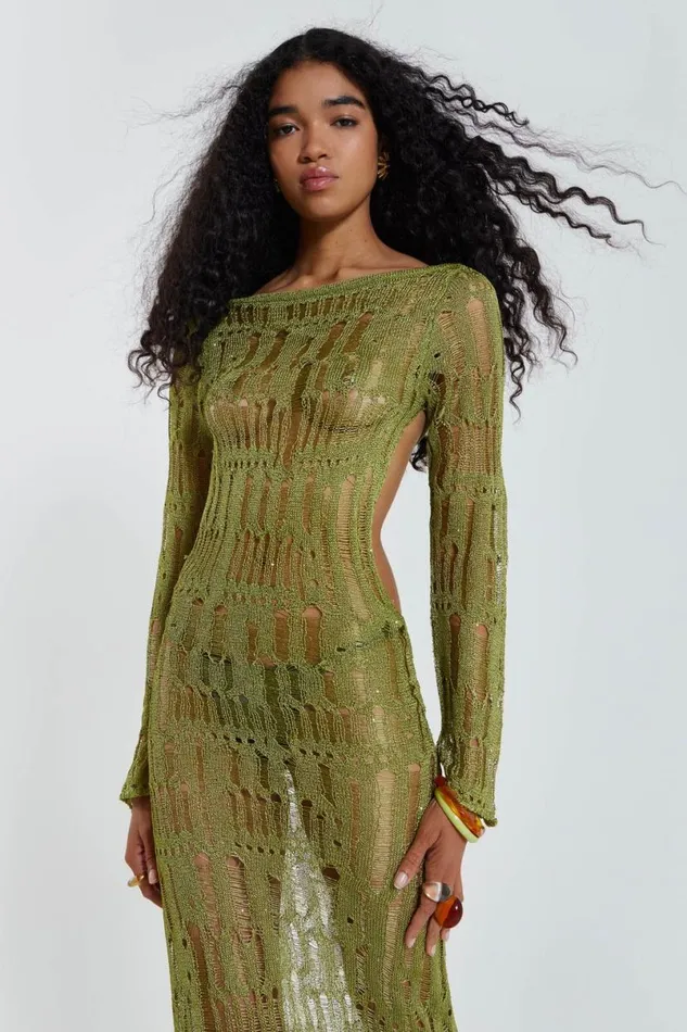 Jaded London Maxi Dresses Women Moss Green Metallic Umbra Maxi Dress Green
