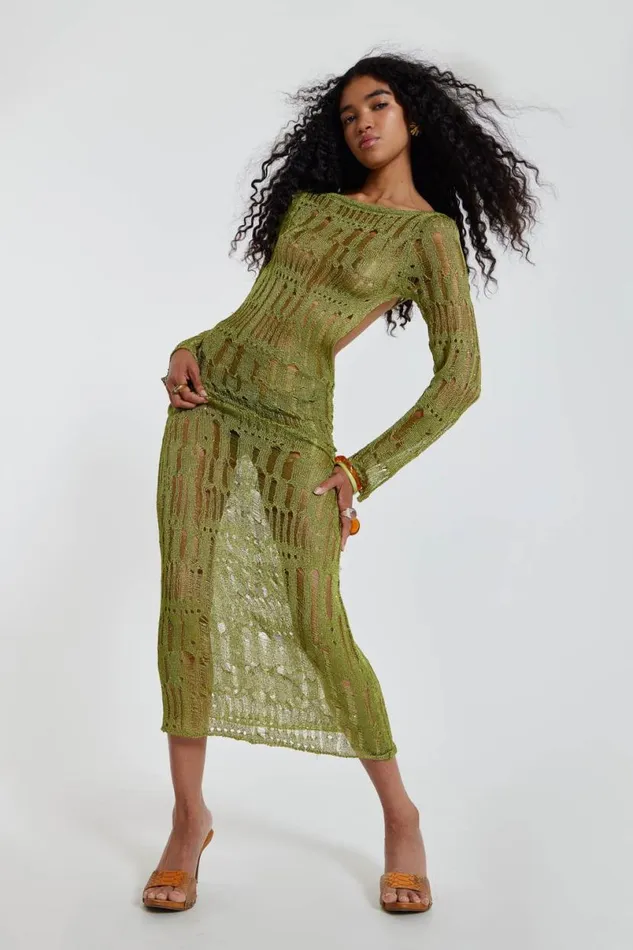 Jaded London Maxi Dresses Women Moss Green Metallic Umbra Maxi Dress Green