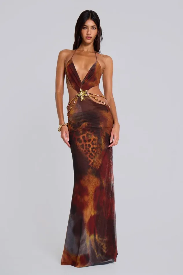 Jaded London Maxi Dresses Women Vida Backless Maxi Dress In Whiskey Multi