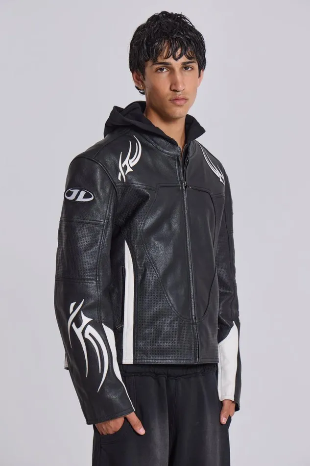 Jaded London Outerwear MenUnisex Crash Leather Biker Jacket Blackwhite