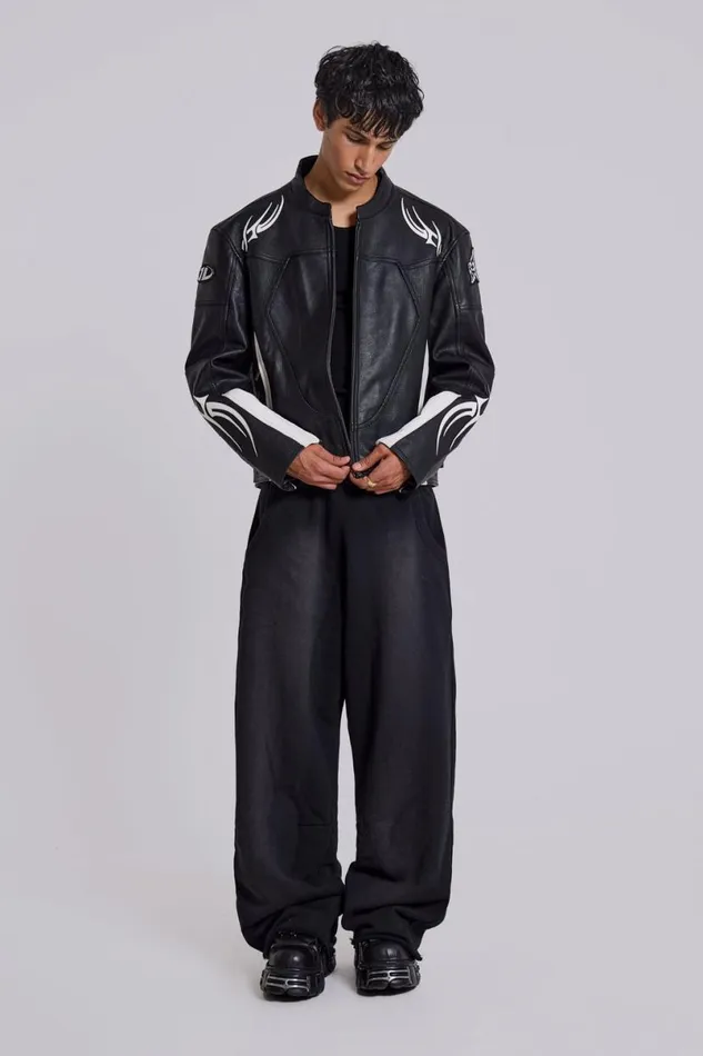 Jaded London Outerwear MenUnisex Crash Leather Biker Jacket Blackwhite