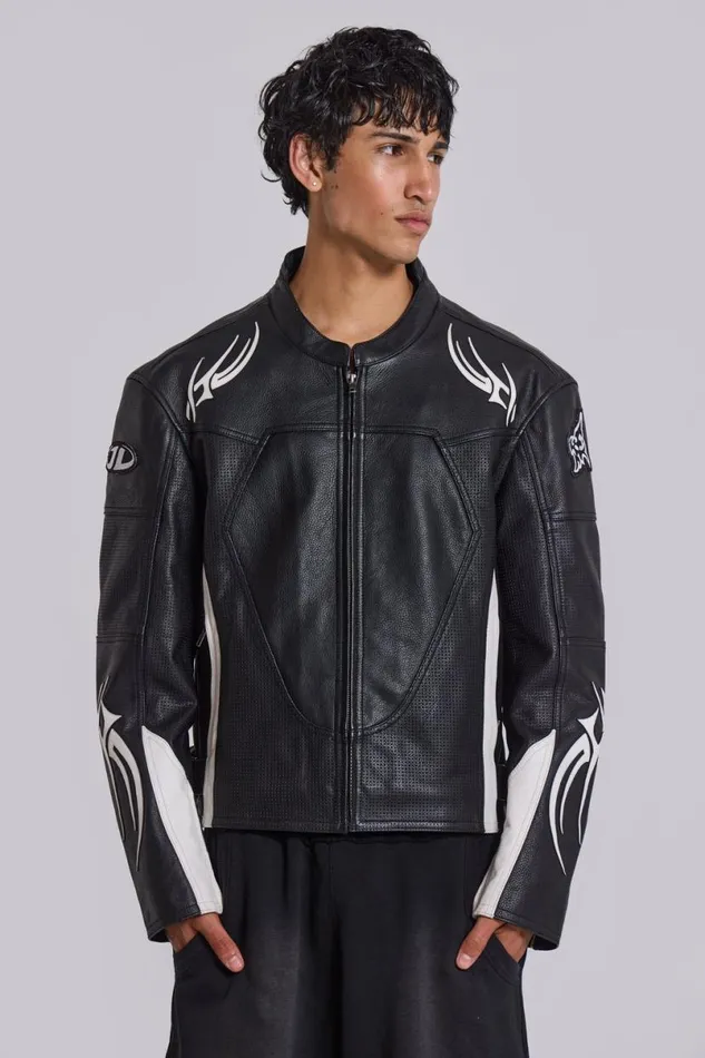 Jaded London Outerwear MenUnisex Crash Leather Biker Jacket Blackwhite