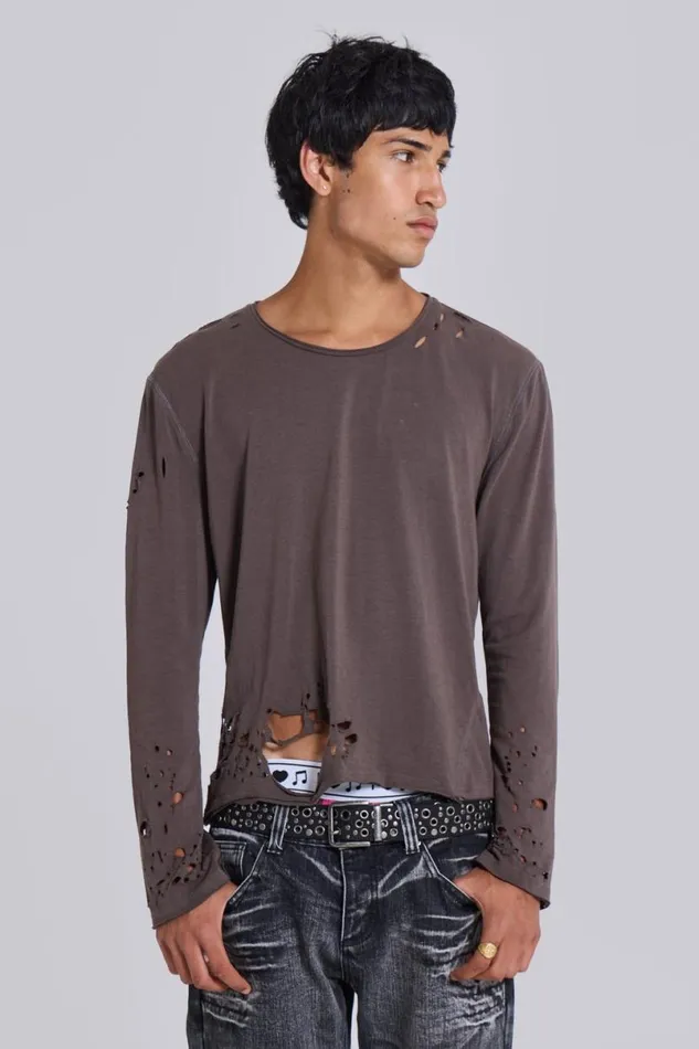Jaded London TShirts and Vests Men Mauve Bitten Long Sleeve Mauve