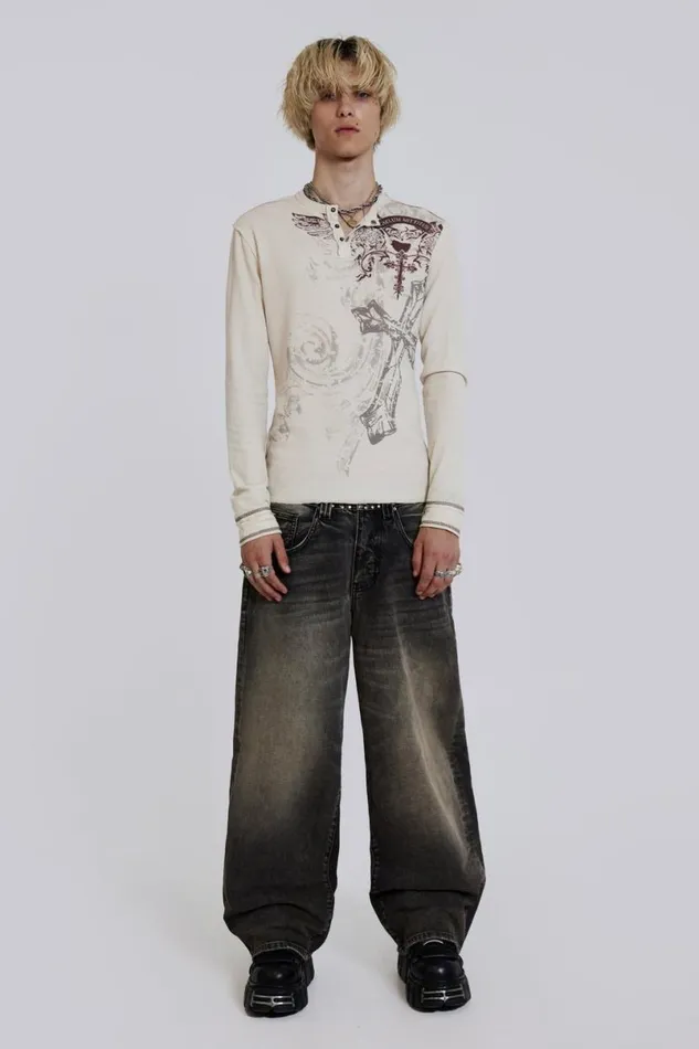 Jaded London TShirts and Vests Men Sanctified Waffle Henley White
