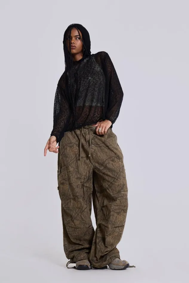 Jaded London Unisex UnisexMen Forest Camo Parachute Pants Green