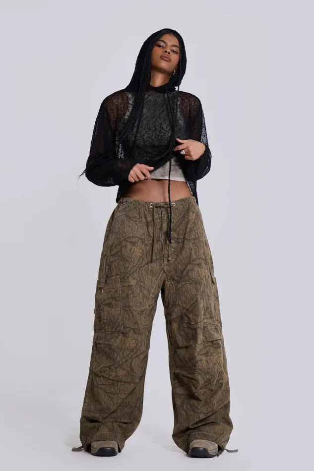 Jaded London Unisex UnisexMen Forest Camo Parachute Pants Green