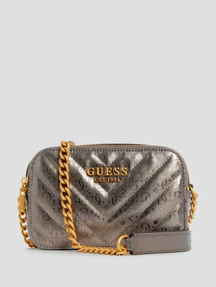 Jania Metallic Quilted Camera Crossbody Pewter Handbags GUESS Women
