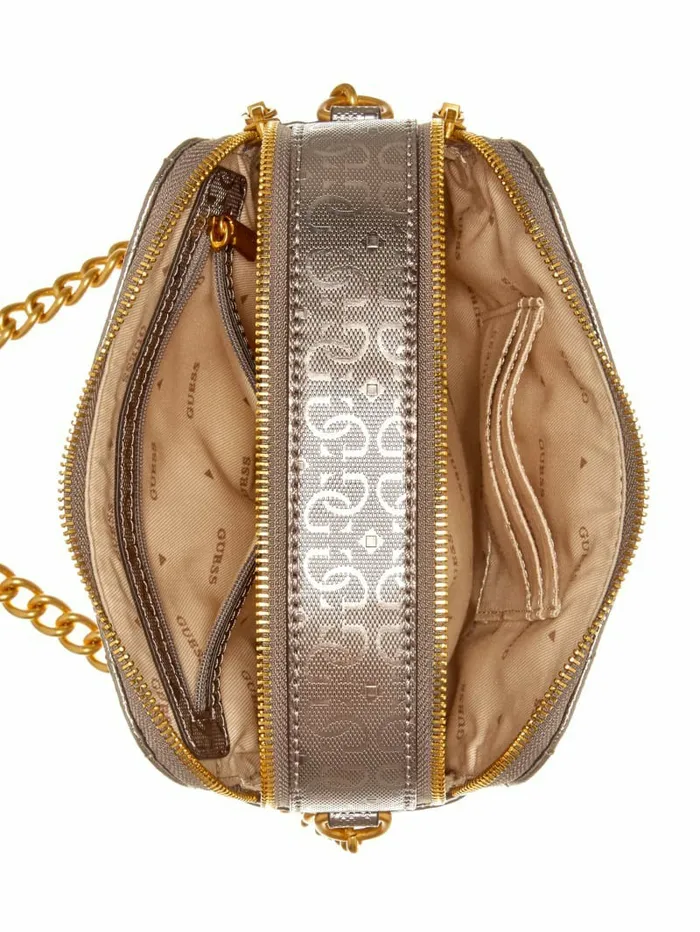 Jania Metallic Quilted Camera Crossbody Pewter Handbags GUESS Women Jania Metallic Quilted Camera Crossbody Pewter Handbags GUESS Women