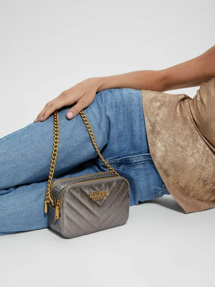 Jania Metallic Quilted Camera Crossbody Pewter Handbags GUESS Women Jania Metallic Quilted Camera Crossbody Pewter Handbags GUESS Women