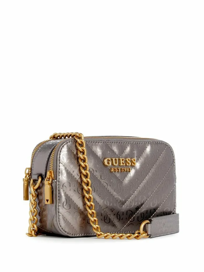 Jania Metallic Quilted Camera Crossbody Pewter Handbags GUESS Women Jania Metallic Quilted Camera Crossbody Pewter Handbags GUESS Women