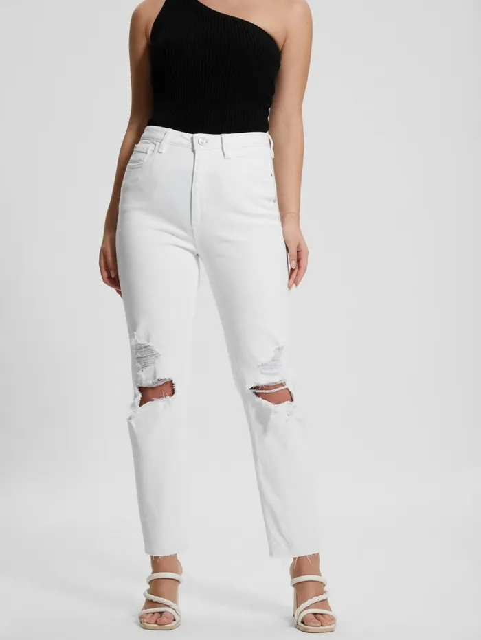 Jeans and Denim Women Destroyed Mom Jeans Pure White Multi GUESS