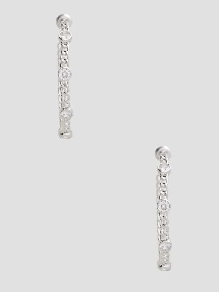 Jewelry GUESS Women SilverTone Crystal Chain Hoop Earrings Silver