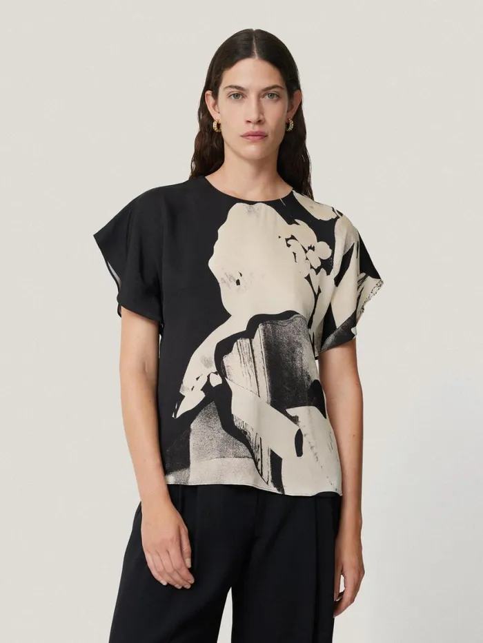 Jigsaw Collage Print Drape Top Monochrome Women Shirts and Tops