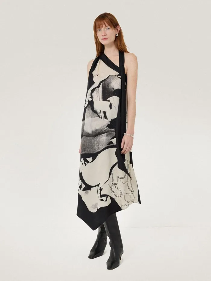 Jigsaw Collage Print Scarf Dress Monochrome Women Dresses and Jumpsuits