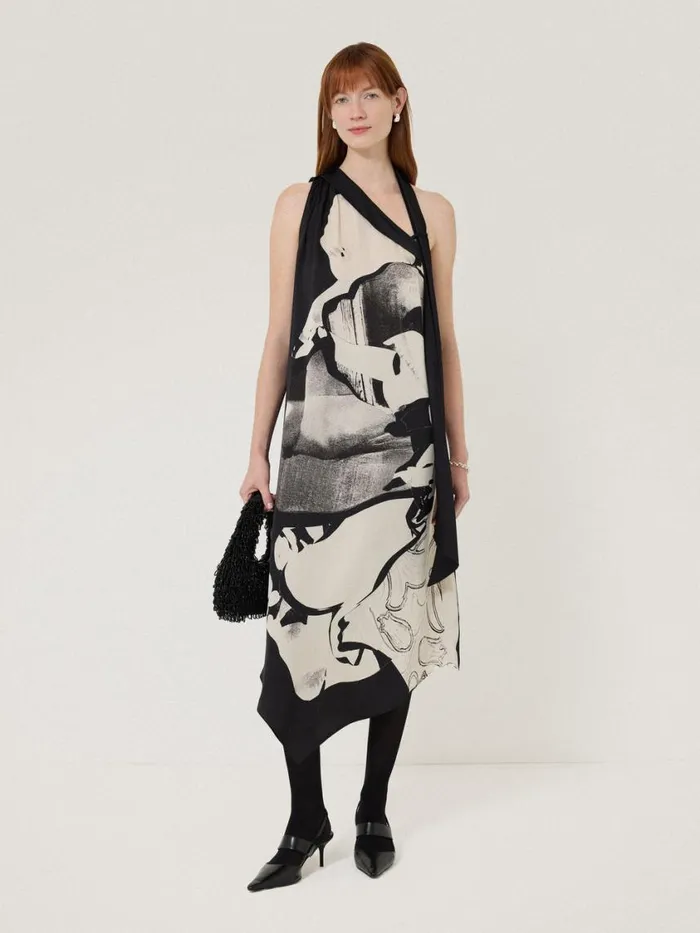 Jigsaw Collage Print Scarf Dress Monochrome Women Dresses and Jumpsuits