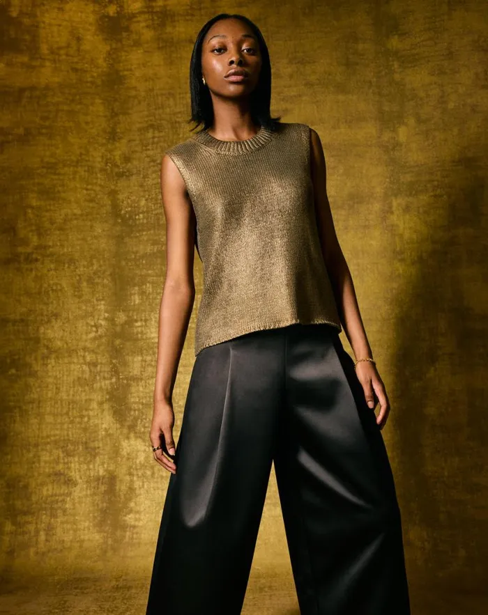 Jigsaw Cotton Metallic Crew Tank Gold Women Party
