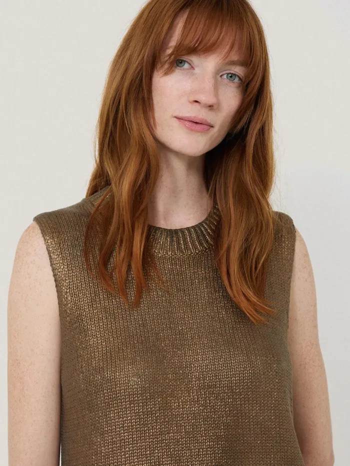 Jigsaw Cotton Metallic Crew Tank Gold Women Party