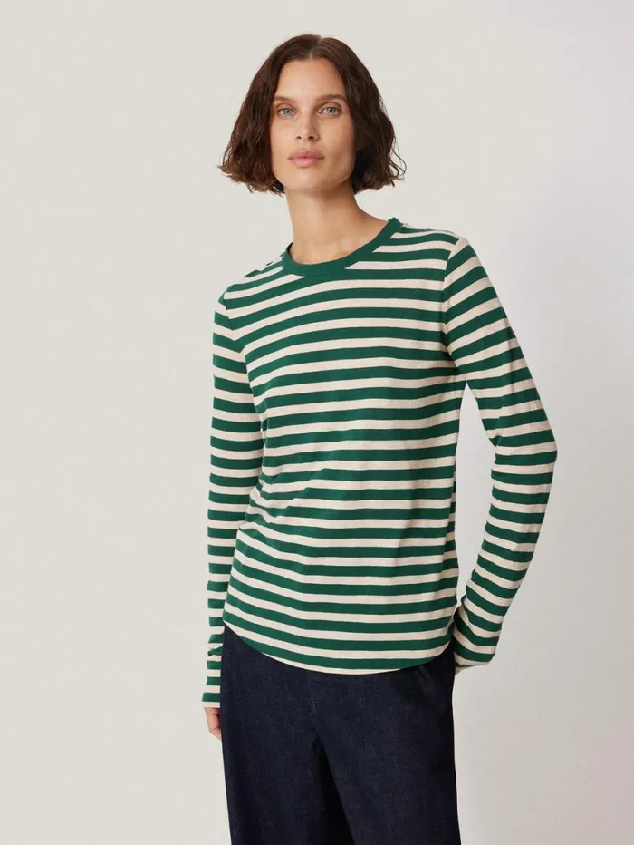 Jigsaw Cotton Slub Stripe Long Sleeve Tee Green Women Shirts and Tops