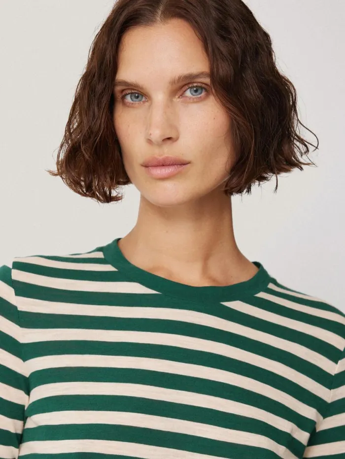 Jigsaw Cotton Slub Stripe Long Sleeve Tee Green Women Shirts and Tops