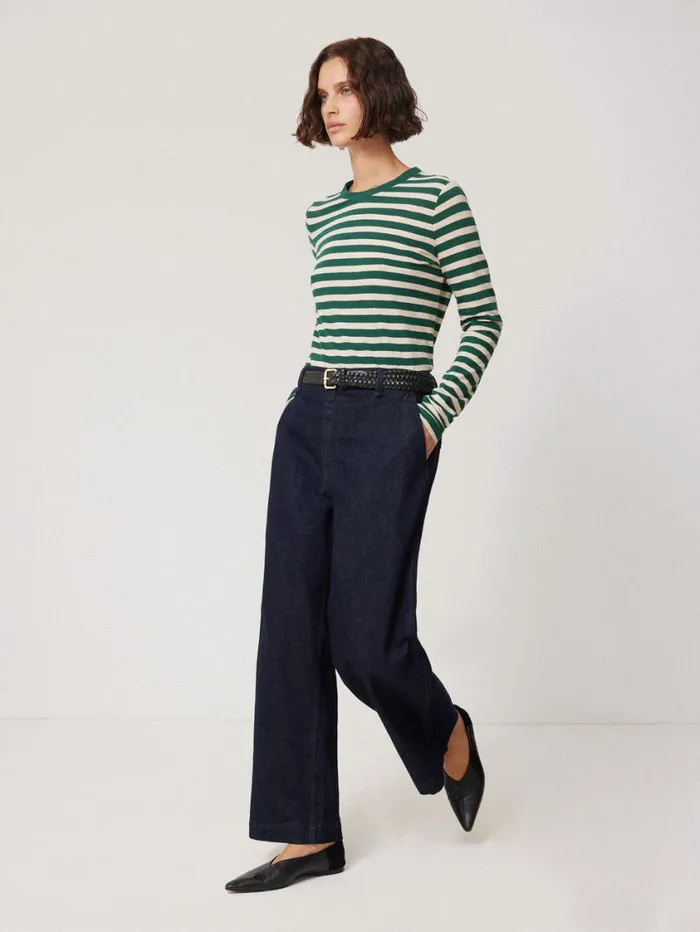 Jigsaw Cotton Slub Stripe Long Sleeve Tee Green Women Shirts and Tops