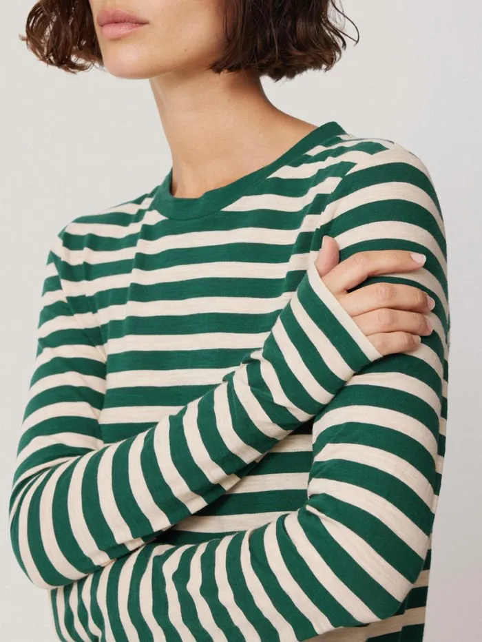 Jigsaw Cotton Slub Stripe Long Sleeve Tee Green Women Shirts and Tops