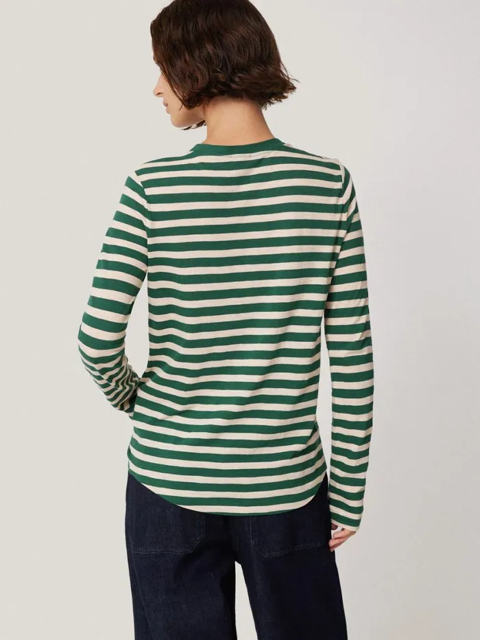 Jigsaw Cotton Slub Stripe Long Sleeve Tee Green Women Shirts and Tops