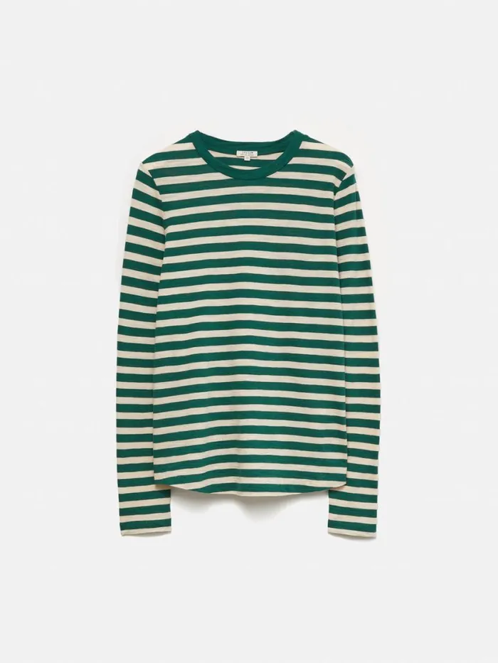Jigsaw Cotton Slub Stripe Long Sleeve Tee Green Women Shirts and Tops