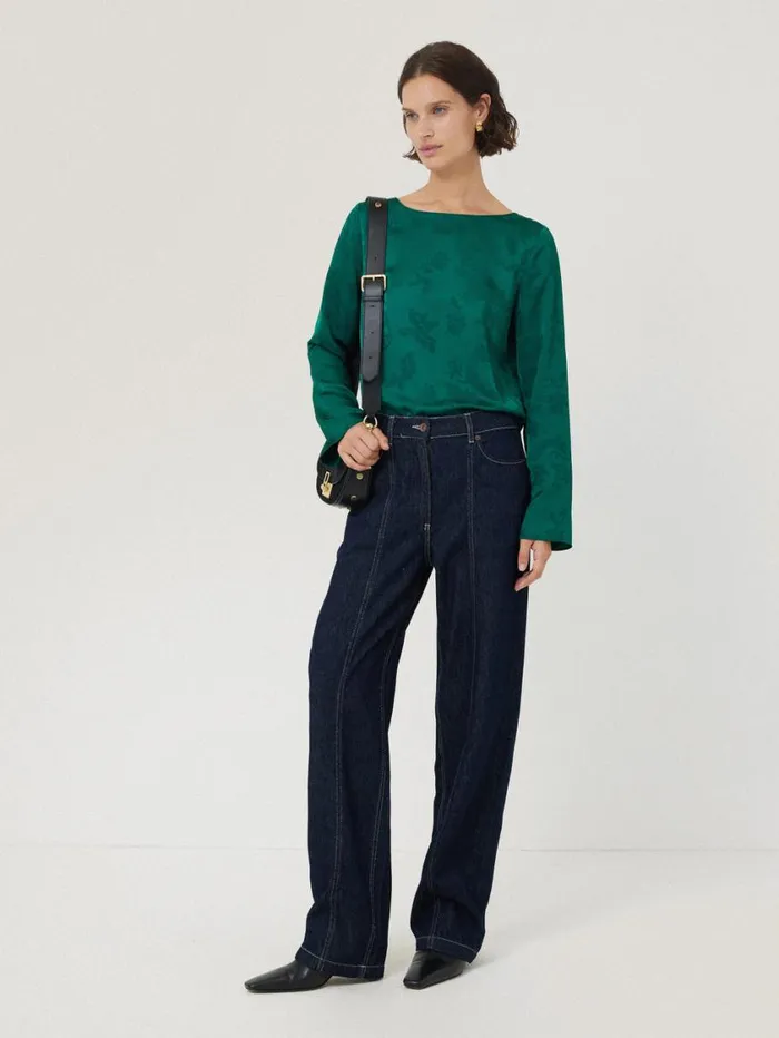 Jigsaw Floral Jacquard Boat Neck Top Green Women Shirts and Tops