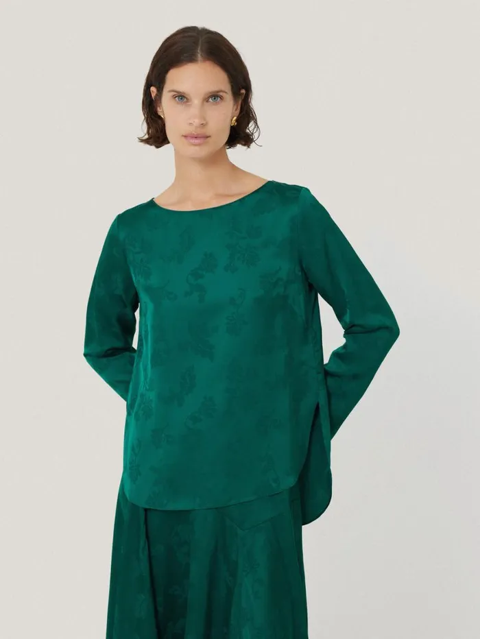 Jigsaw Floral Jacquard Boat Neck Top Green Women Shirts and Tops