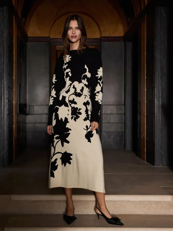 Jigsaw Floral Jacquard Knitted Dress Monochrome Women Dresses and Jumpsuits