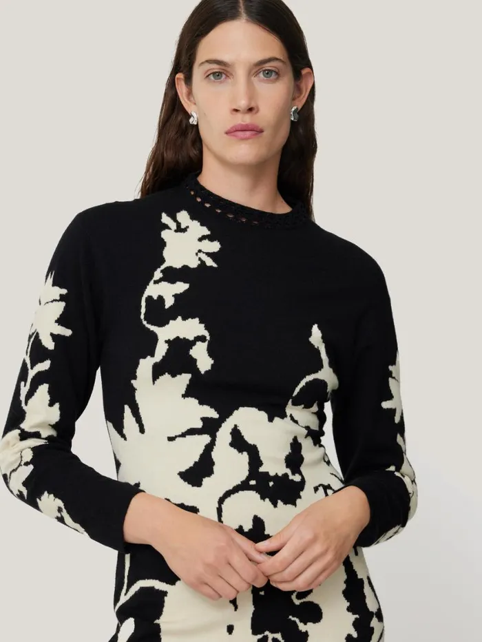 Jigsaw Floral Jacquard Knitted Dress Monochrome Women Dresses and Jumpsuits