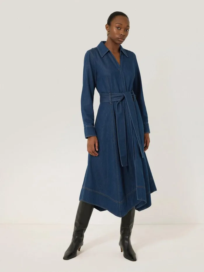 Jigsaw Fluid Denim Belted Shirt Dress Indigo Women Denim