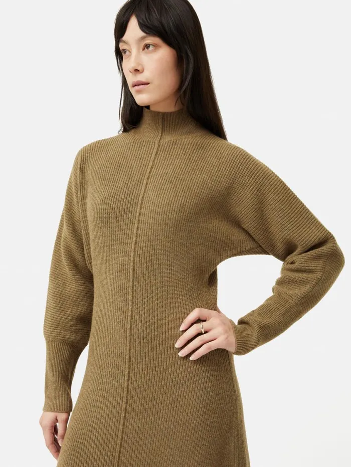 Jigsaw Merino Blend Batwing Dress Khaki Women Knitwear and Cashmere