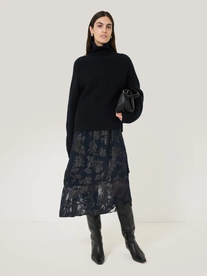 Jigsaw Metallic Jacquard Midi Skirt Navy Women Party