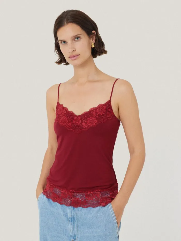 Jigsaw Modal Lace Vest Cinema Red Women Shirts and Tops
