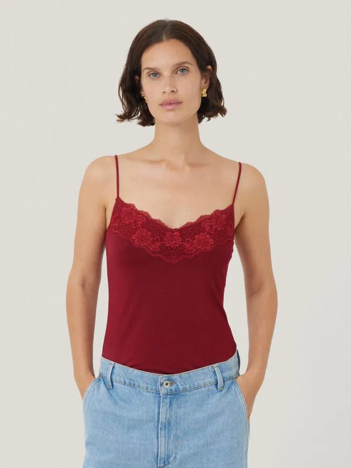 Jigsaw Modal Lace Vest Cinema Red Women Shirts and Tops