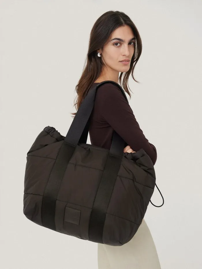 Jigsaw Nylon Quilted Drawstring Tote Chocolate Women Bags