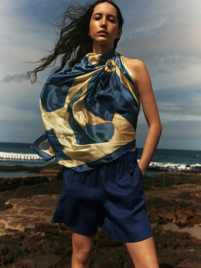 Jigsaw Pastel Abstract Oversized Silk Scarf Blue Women Ponchos and Scarves