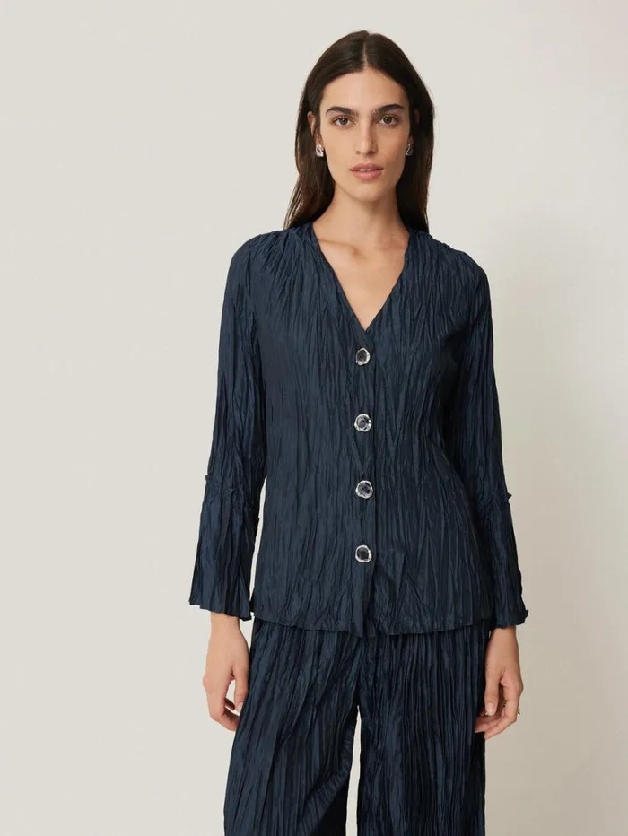 Jigsaw Plisse Button Up Top Navy Women Coords
