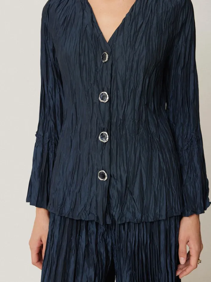 Jigsaw Plisse Button Up Top Navy Women Coords