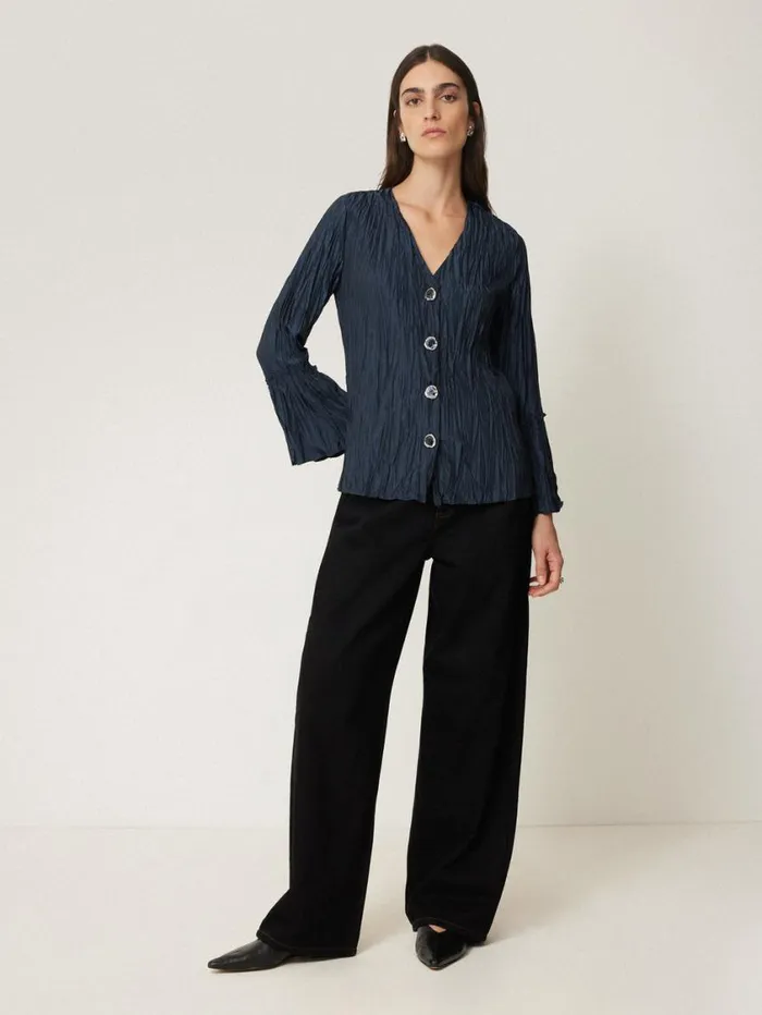 Jigsaw Plisse Button Up Top Navy Women Coords