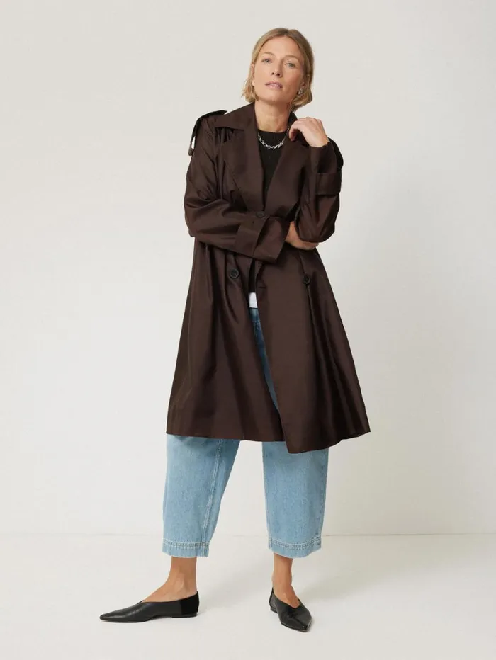 Jigsaw Pure Silk Trench Coat Chocolate Women Coats and Jackets