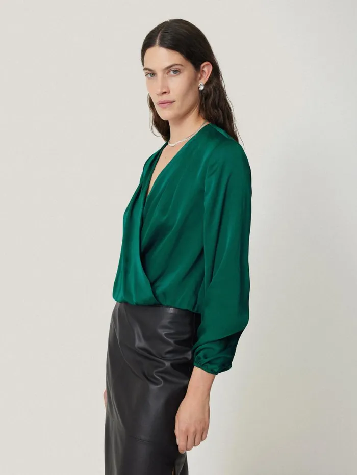 Jigsaw Recycled Satin Drape Wrap Top Green Women Party
