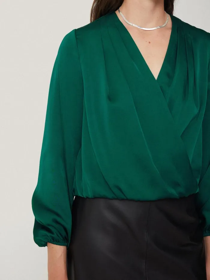 Jigsaw Recycled Satin Drape Wrap Top Green Women Shirts and Tops