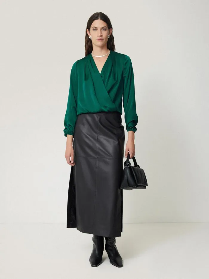 Jigsaw Recycled Satin Drape Wrap Top Green Women Shirts and Tops