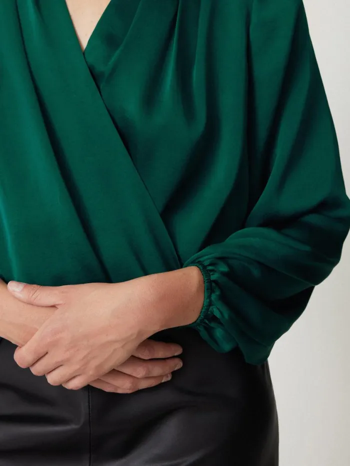 Jigsaw Recycled Satin Drape Wrap Top Green Women Shirts and Tops
