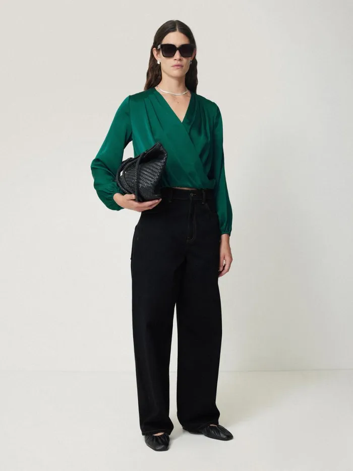 Jigsaw Recycled Satin Drape Wrap Top Green Women Shirts and Tops