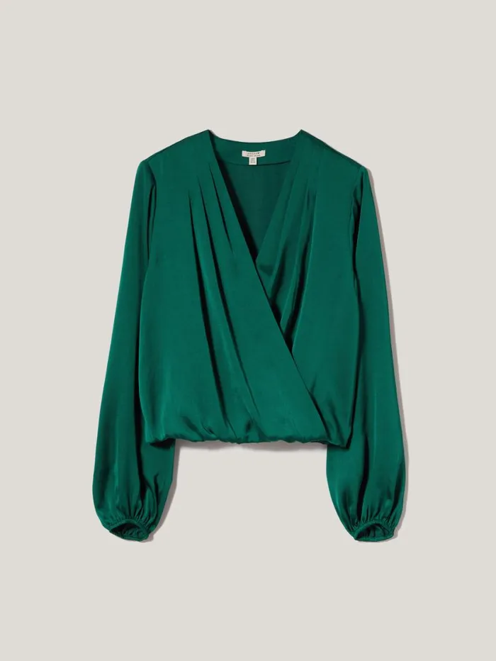 Jigsaw Recycled Satin Drape Wrap Top Green Women Shirts and Tops