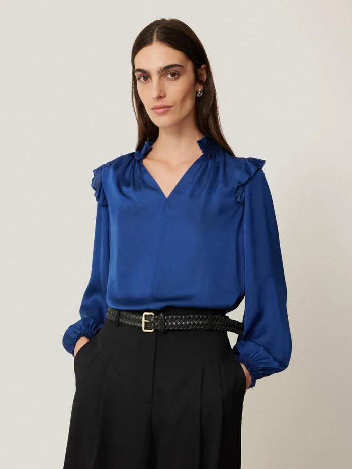 Jigsaw Recycled Satin Ruffle Top Blue Women Shirts and Tops
